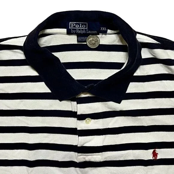 POLO RALPH LAUREN Shirt Men's XXL Blue White Striped Vintage S/S Ribbed Cuff - Picture 2 of 3